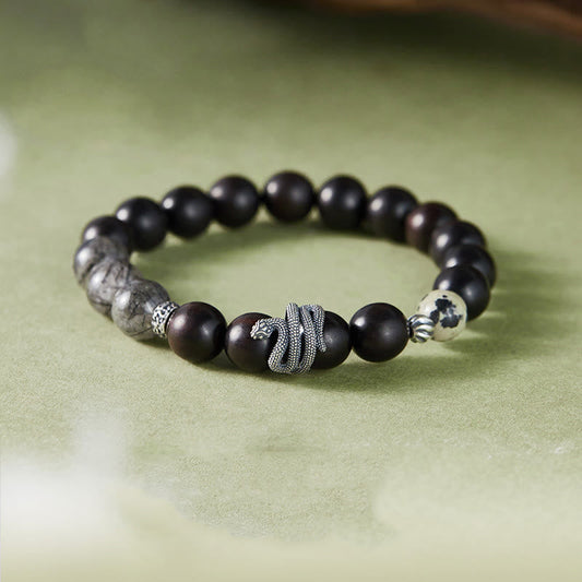 Mythstone Ebony Wood Black Rutilated Quartz 925 Sterling Silver Year Of The Snake Balance Bracelet