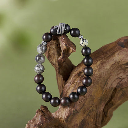 Mythstone Ebony Wood Black Rutilated Quartz 925 Sterling Silver Year Of The Snake Balance Bracelet