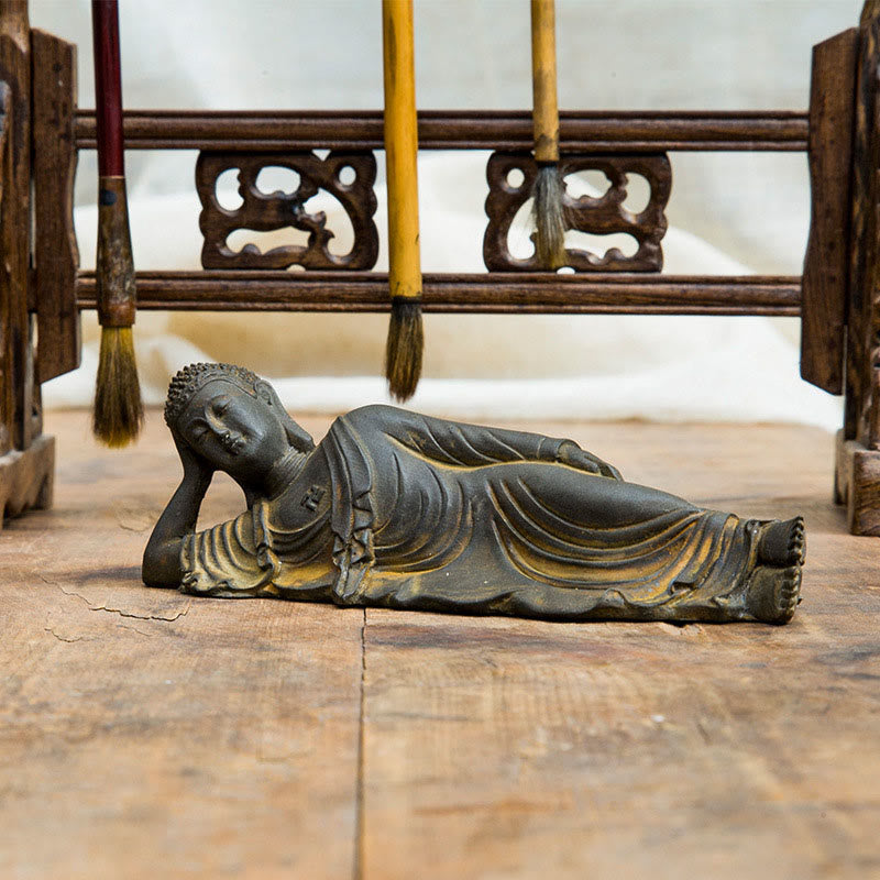 Mythstone Reclining Buddha Shakyamuni Iron Powder Rust Cast Resin Statue Home Decoration