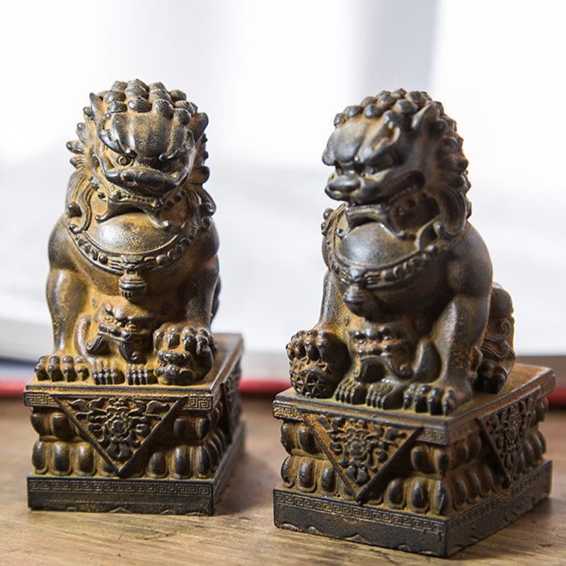 Mythstone Handmade Lion Fu Foo Dogs Iron Powder Rust Cast Resin Statue Ward Off Evil Protection Home Decoration