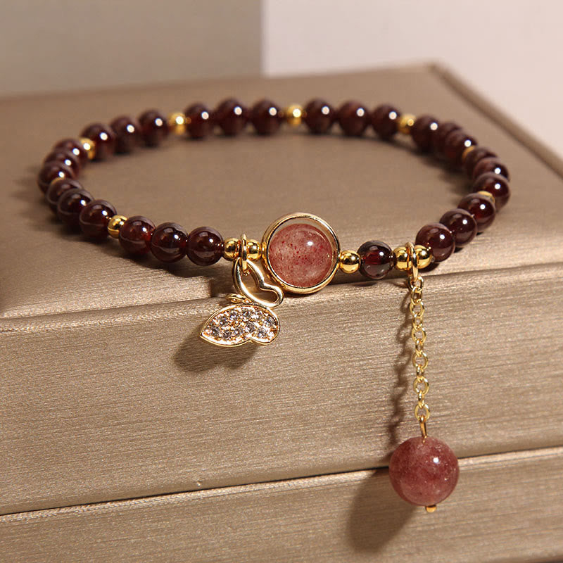 Mythstones Natural Garnet Strawberry Quartz Butterfly Protection Bracelet