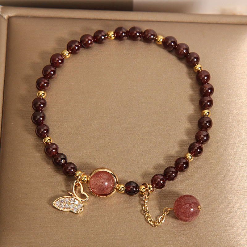 Mythstones Natural Garnet Strawberry Quartz Butterfly Protection Bracelet