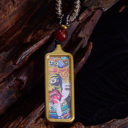 Mythstones Tibet Zakiram Yellow God of Wealth Nine-Tailed Fox Hand-Painted Thangka Calm Necklace Pendant