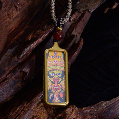 Mythstones Tibet Zakiram Yellow God of Wealth Nine-Tailed Fox Hand-Painted Thangka Calm Necklace Pendant