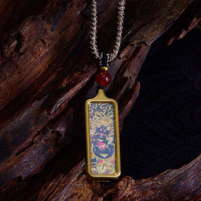 Mythstones Tibet Zakiram Yellow God of Wealth Nine-Tailed Fox Hand-Painted Thangka Calm Necklace Pendant