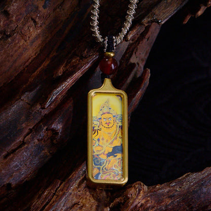 Mythstones Tibet Zakiram Yellow God of Wealth Nine-Tailed Fox Hand-Painted Thangka Calm Necklace Pendant