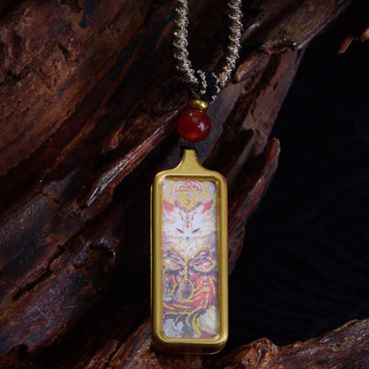 Mythstones Tibet Zakiram Yellow God of Wealth Nine-Tailed Fox Hand-Painted Thangka Calm Necklace Pendant