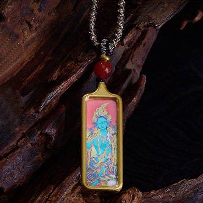 Mythstones Tibet Zakiram Yellow God of Wealth Nine-Tailed Fox Hand-Painted Thangka Calm Necklace Pendant