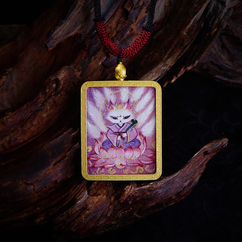 Mythstones Tibetan Zakiram Nine-Tailed Fox Yellow God of Wealth Painted Thangka Hope Necklace Pendant