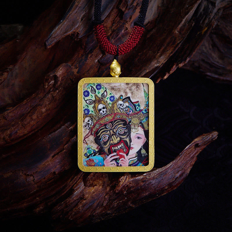 Mythstones Tibetan Zakiram Nine-Tailed Fox Yellow God of Wealth Painted Thangka Hope Necklace Pendant