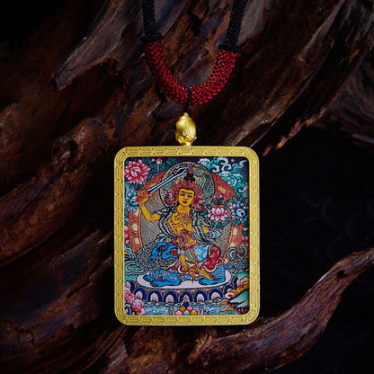 Mythstones Tibetan Zakiram Nine-Tailed Fox Yellow God of Wealth Painted Thangka Hope Necklace Pendant