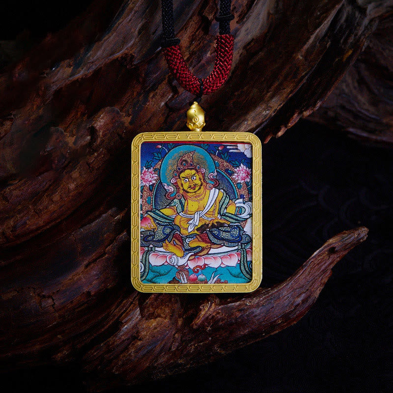 Mythstones Tibetan Zakiram Nine-Tailed Fox Yellow God of Wealth Painted Thangka Hope Necklace Pendant