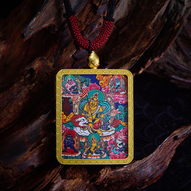 Mythstones Tibetan Zakiram Nine-Tailed Fox Yellow God of Wealth Painted Thangka Hope Necklace Pendant