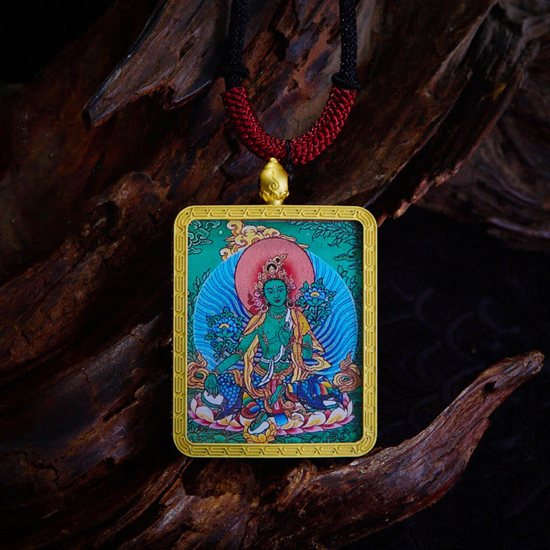 Mythstones Tibetan Zakiram Nine-Tailed Fox Yellow God of Wealth Painted Thangka Hope Necklace Pendant