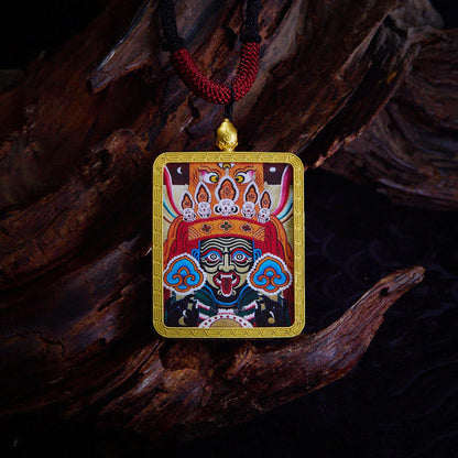 Mythstones Tibetan Zakiram Nine-Tailed Fox Yellow God of Wealth Painted Thangka Hope Necklace Pendant