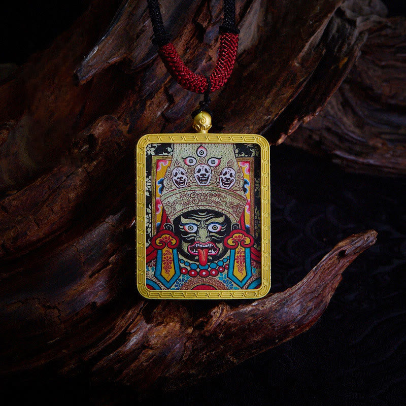 Mythstones Tibetan Zakiram Nine-Tailed Fox Yellow God of Wealth Painted Thangka Hope Necklace Pendant