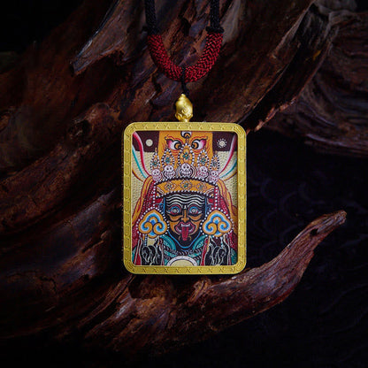 Mythstones Tibetan Zakiram Nine-Tailed Fox Yellow God of Wealth Painted Thangka Hope Necklace Pendant