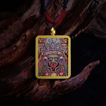 Mythstones Tibetan Zakiram Nine-Tailed Fox Yellow God of Wealth Painted Thangka Hope Necklace Pendant