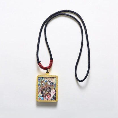 Mythstones Tibetan Zakiram Nine-Tailed Fox Yellow God of Wealth Painted Thangka Hope Necklace Pendant