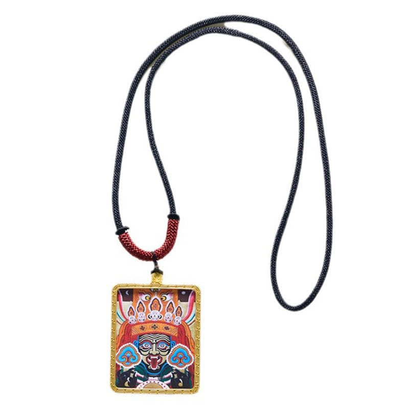 Mythstones Tibetan Zakiram Nine-Tailed Fox Yellow God of Wealth Painted Thangka Hope Necklace Pendant