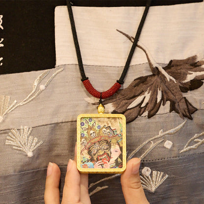 Mythstones Tibetan Zakiram Nine-Tailed Fox Yellow God of Wealth Painted Thangka Hope Necklace Pendant