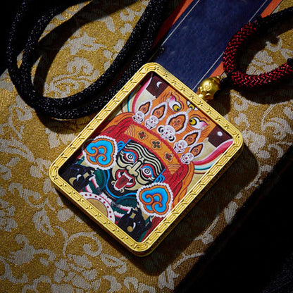 Mythstones Tibetan Zakiram Nine-Tailed Fox Yellow God of Wealth Painted Thangka Hope Necklace Pendant