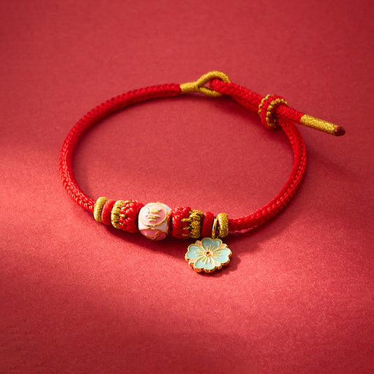 Mythstone Red String Gold Plated Copper Peach Blossom Yi Fan Feng Shun Protection Braided Bracelet