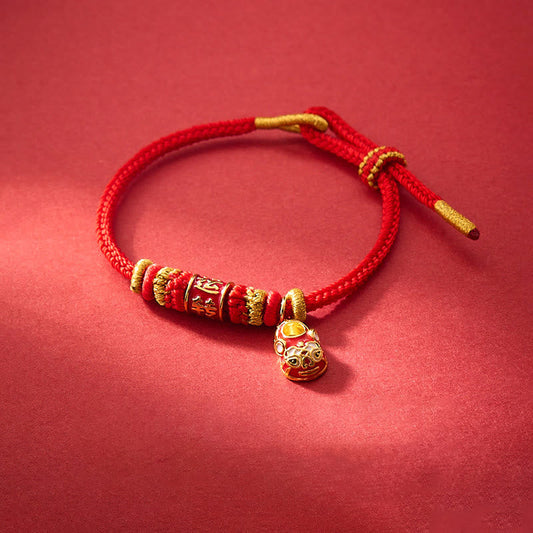 Mythstone Red String Gold Plated Copper Shi Lai Yun Zhuan Shoe Pendant Protection Braided Bracelet