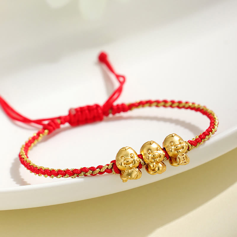 Mythstone Handmade 999 Sterling Silver Golden Year Of Snake Fu Auspicious Clouds Ingot Copper Coins Red String Fortune Braided Bracelet