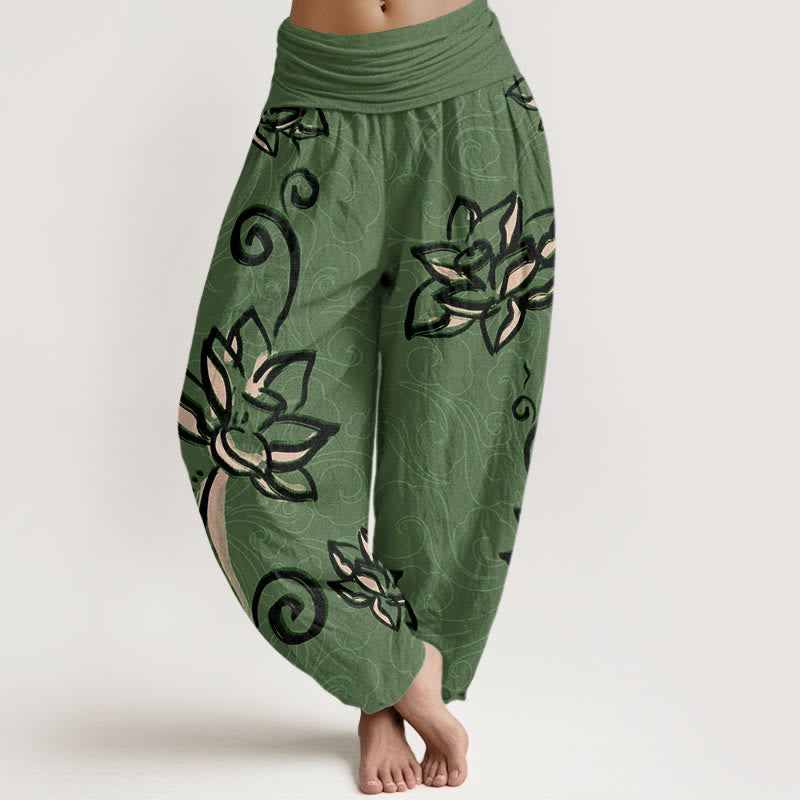 Mythstone Casual Lotus Auspicious Clouds Design Women's Elastic Waist Harem Pants