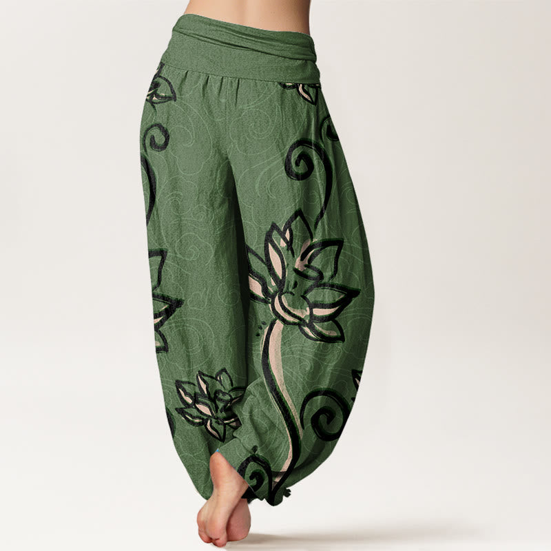 Mythstone Casual Lotus Auspicious Clouds Design Women's Elastic Waist Harem Pants