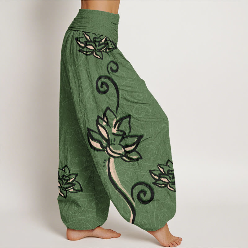 Mythstone Casual Lotus Auspicious Clouds Design Women's Elastic Waist Harem Pants