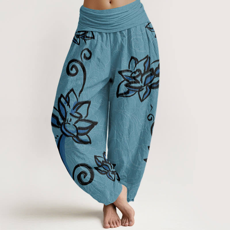 Mythstone Casual Lotus Auspicious Clouds Design Women's Elastic Waist Harem Pants