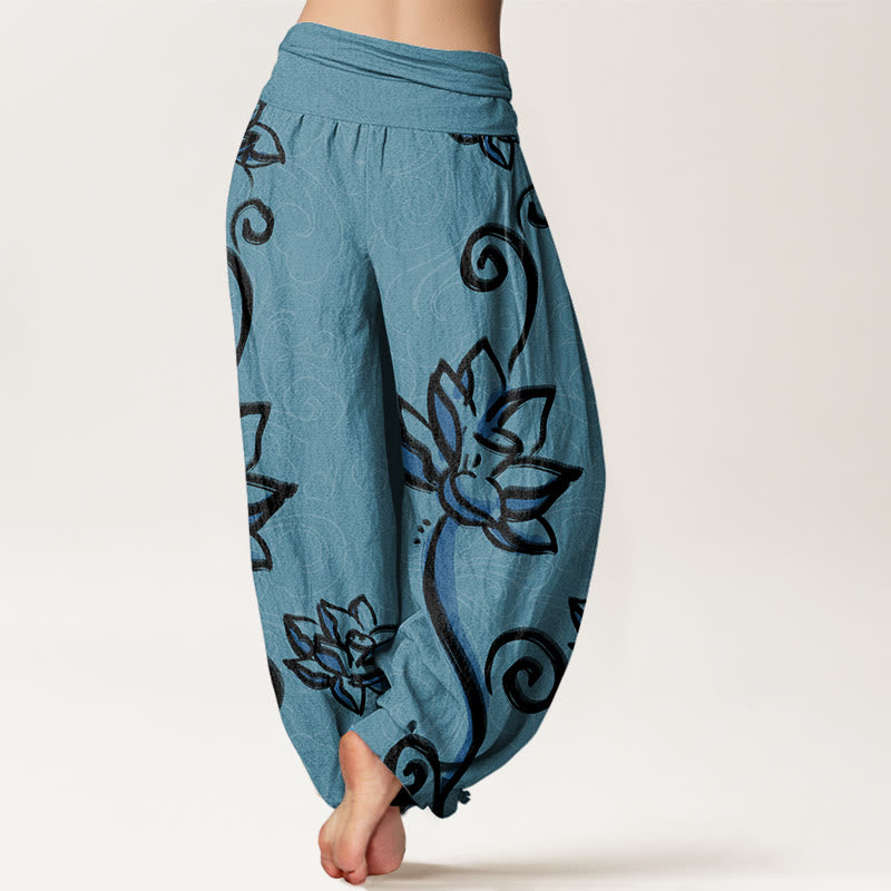 Mythstone Casual Lotus Auspicious Clouds Design Women's Elastic Waist Harem Pants