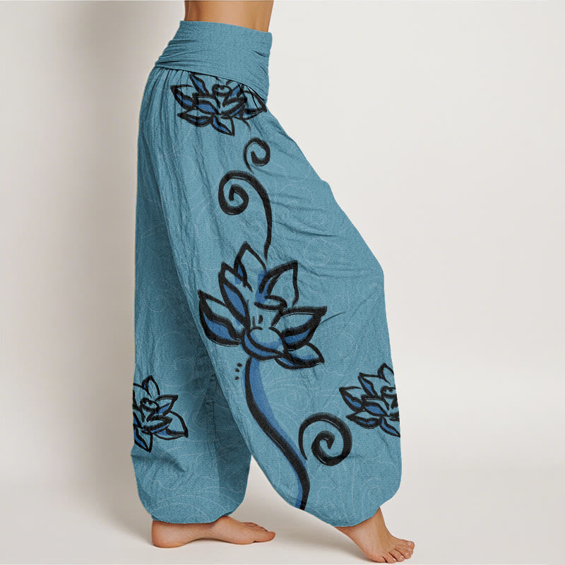 Mythstone Casual Lotus Auspicious Clouds Design Women's Elastic Waist Harem Pants