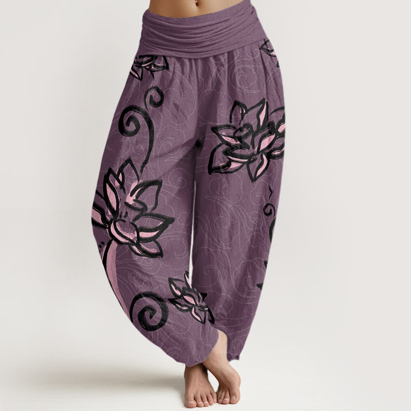 Mythstone Casual Lotus Auspicious Clouds Design Women's Elastic Waist Harem Pants