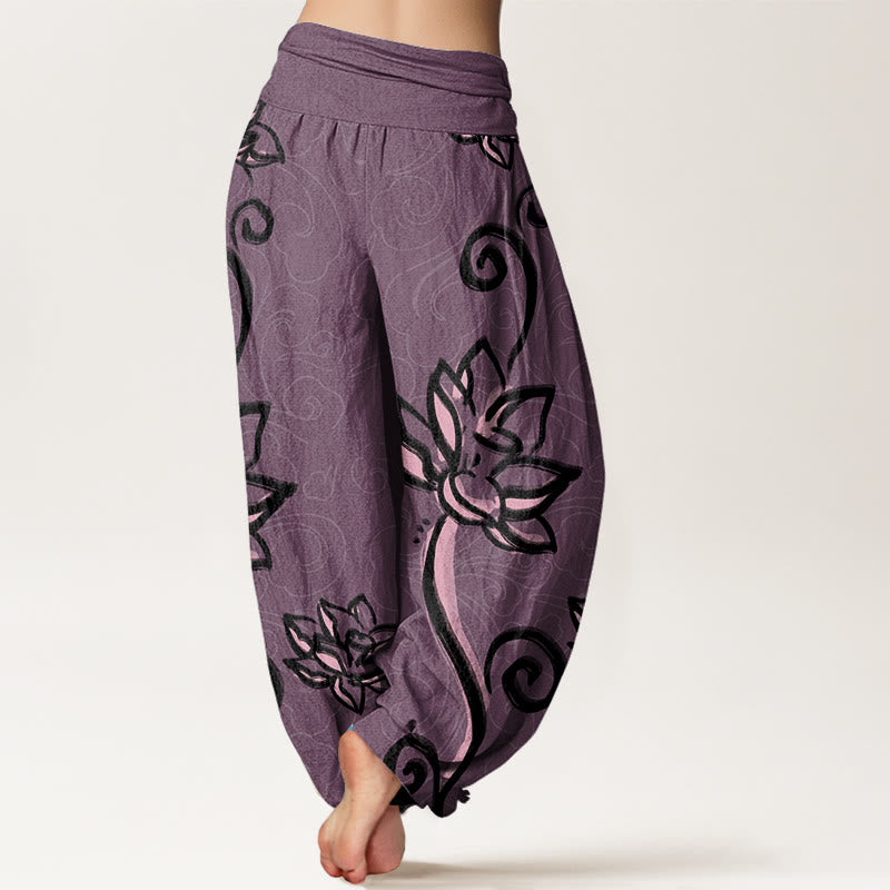 Mythstone Casual Lotus Auspicious Clouds Design Women's Elastic Waist Harem Pants