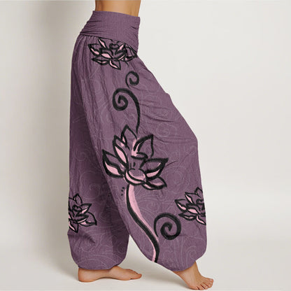 Mythstone Casual Lotus Auspicious Clouds Design Women's Elastic Waist Harem Pants