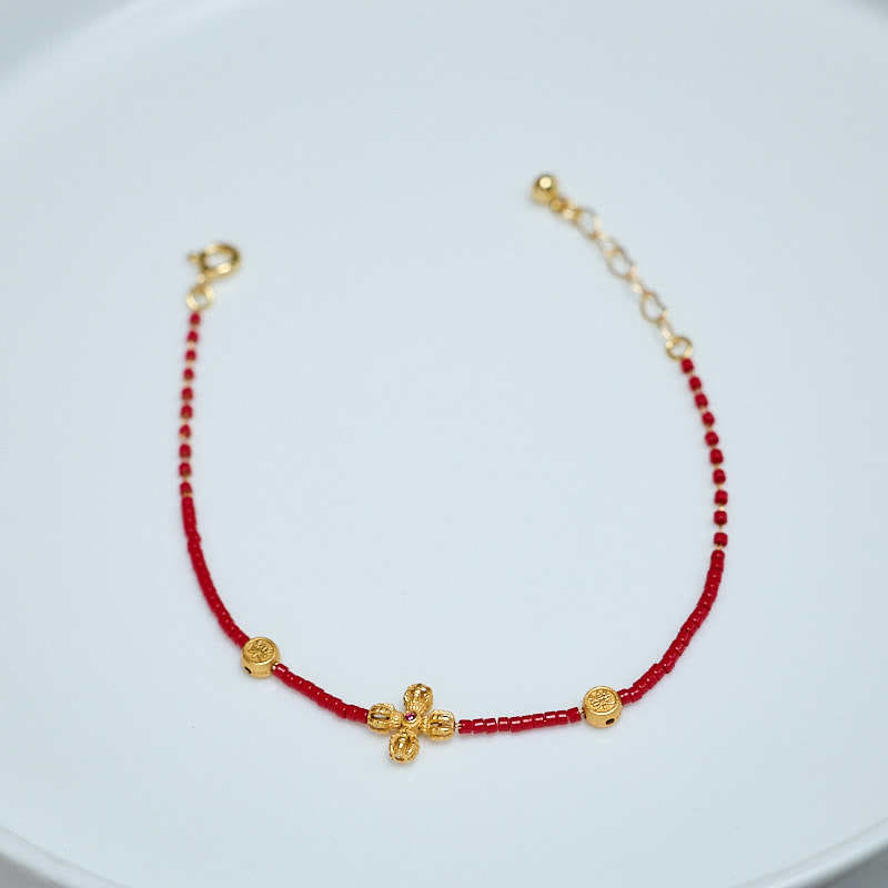 Mythstone 24k Gold Plated 925 Sterling Silver Liuli Glass Bead PiXiu Four Leaf Clover Joy And Happiness Wealth Bracelet