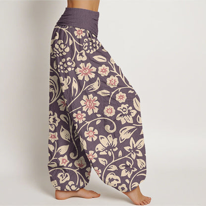 Mythstone Casual Beige Pink Flowers Grapes Design Women's Elastic Waist Harem Pants