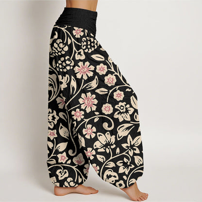 Mythstone Casual Beige Pink Flowers Grapes Design Women's Elastic Waist Harem Pants