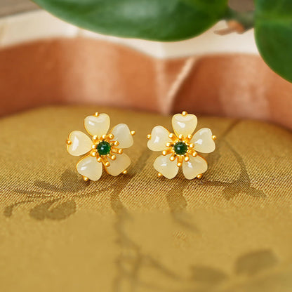 Mythstone 925 Sterling Silver Gold Hetian Jade Green Chalcedony Peach Blossom Luck Earrings