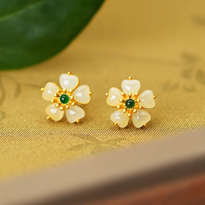 Mythstone 925 Sterling Silver Gold Hetian Jade Green Chalcedony Peach Blossom Luck Earrings