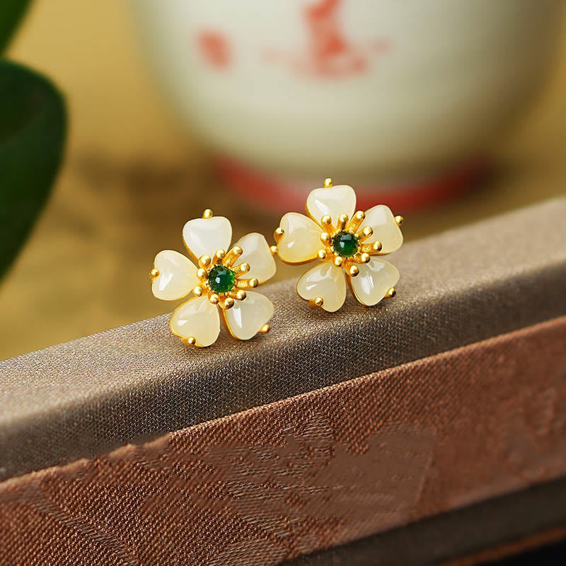 Mythstone 925 Sterling Silver Gold Hetian Jade Green Chalcedony Peach Blossom Luck Earrings