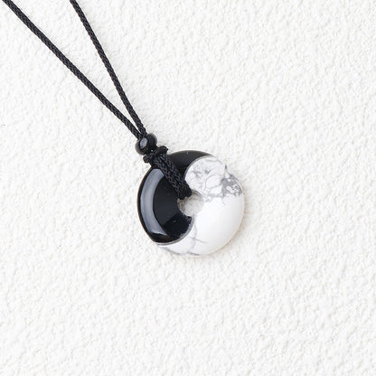 Mythstone Natural Black Obsidian White Turquoise Yin Yang Peace Buckle Design Braided String Strength Necklace Pendant