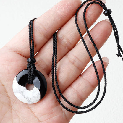 Mythstone Natural Black Obsidian White Turquoise Yin Yang Peace Buckle Design Braided String Strength Necklace Pendant