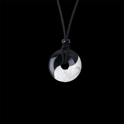 Mythstone Natural Black Obsidian White Turquoise Yin Yang Peace Buckle Design Braided String Strength Necklace Pendant