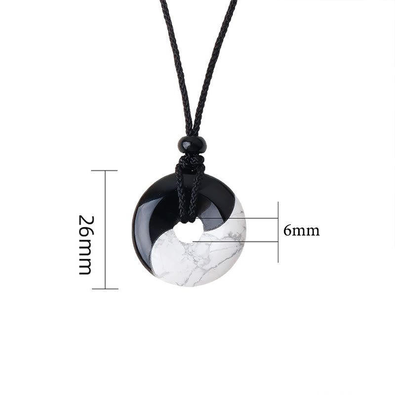 Mythstone Natural Black Obsidian White Turquoise Yin Yang Peace Buckle Design Braided String Strength Necklace Pendant