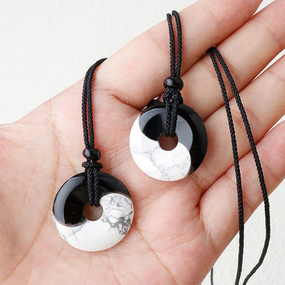 Mythstone Natural Black Obsidian White Turquoise Yin Yang Peace Buckle Design Braided String Strength Necklace Pendant