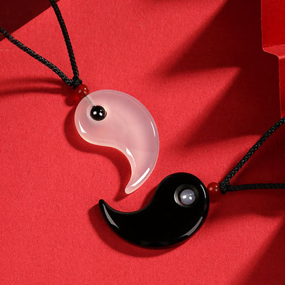 Mythstone Black Onyx White Agate Yin Yang Tai Chi Diagram Fortune Couple Necklace Pendant